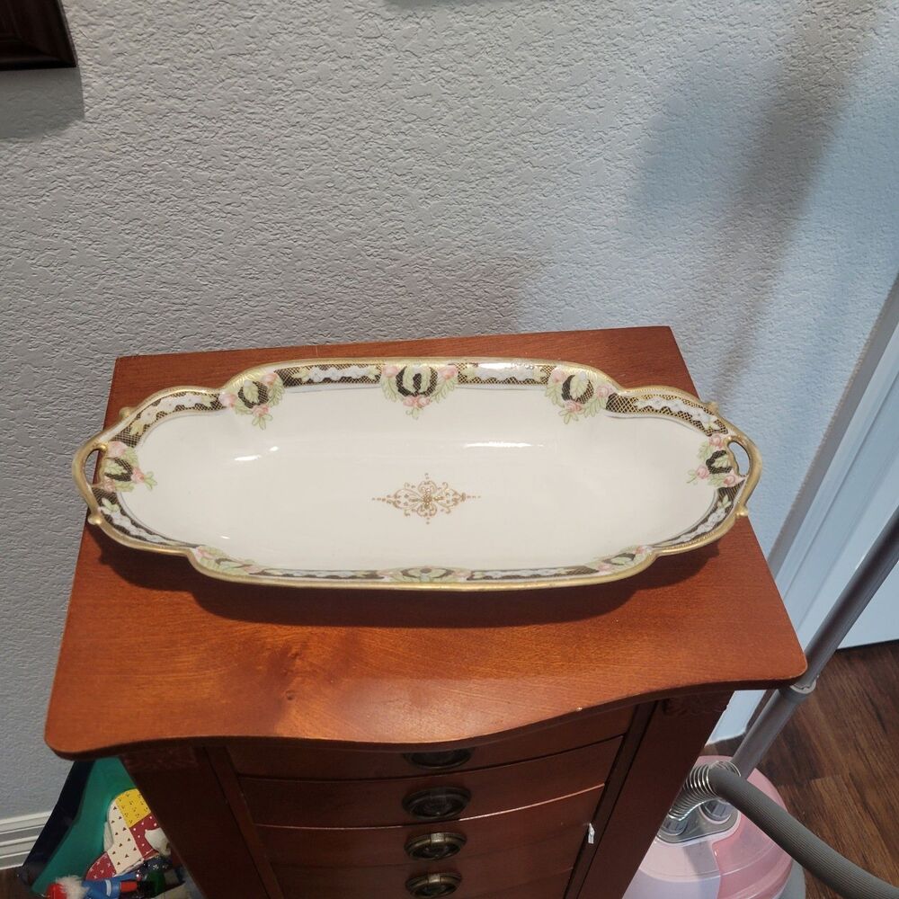 Antique Nippon Japan Celery Serving Dish Hand Painted Pink Roses Floral Gold Gil